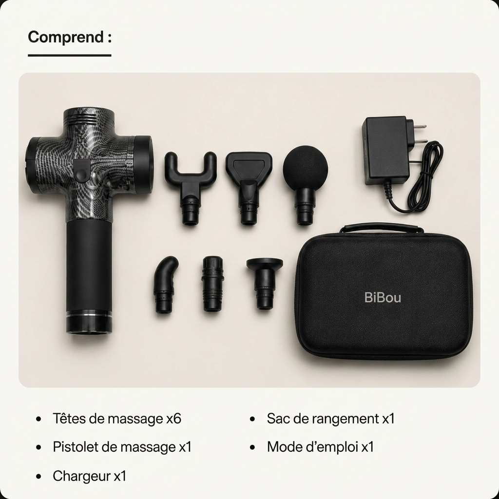 Contenu du colis BiBou Pro : pistolet, 6 têtes de massage, chargeur, sac de rangement et mode d'emploi